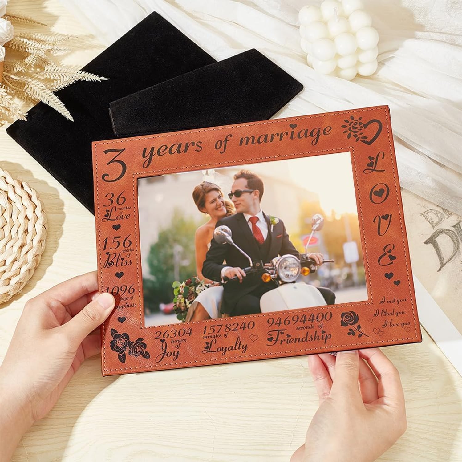 3 Years of Marriage Engraved Leather Photo Frame: image 3