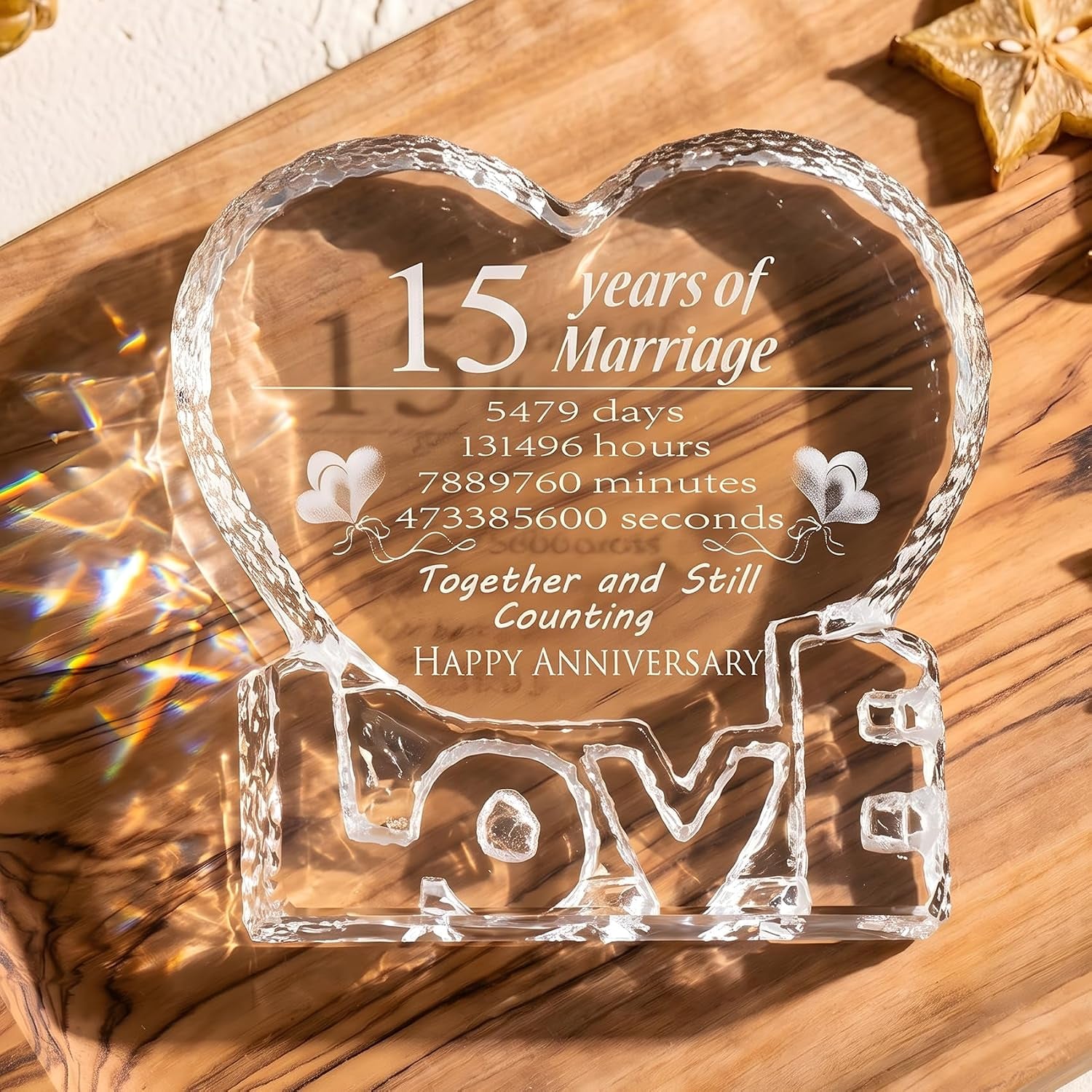 15 Years of Marriage Engraved Crystal Heart Keepsake: image 2