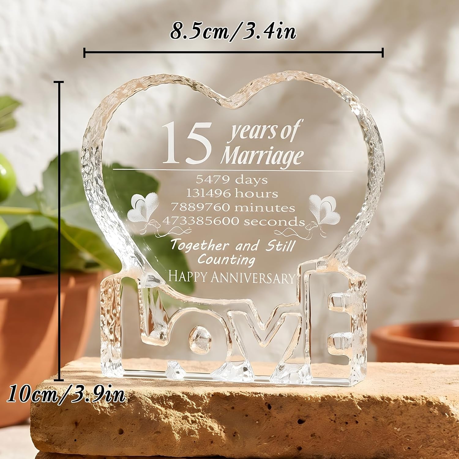 15 Years of Marriage Engraved Crystal Heart Keepsake: image 3