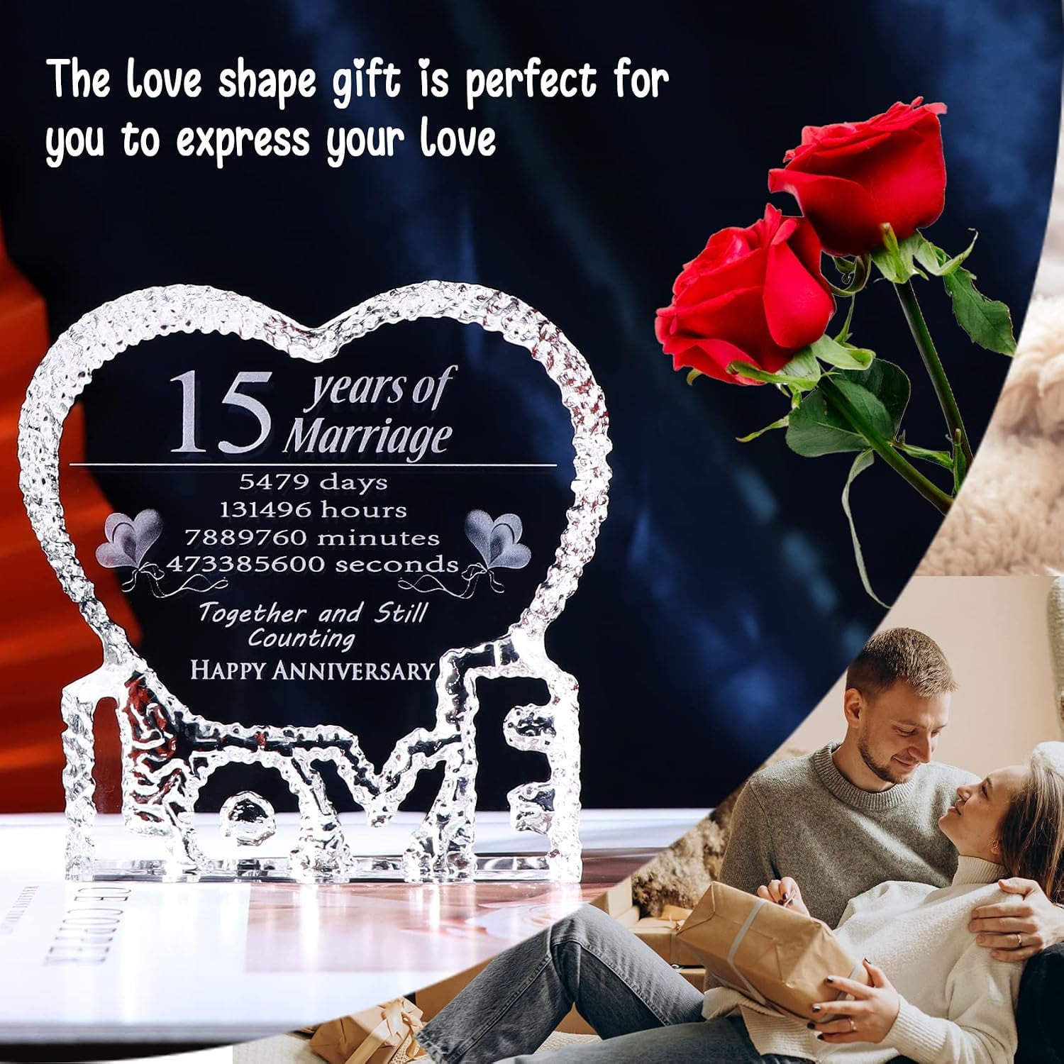 15 Years of Marriage Engraved Crystal Heart Keepsake: image 4