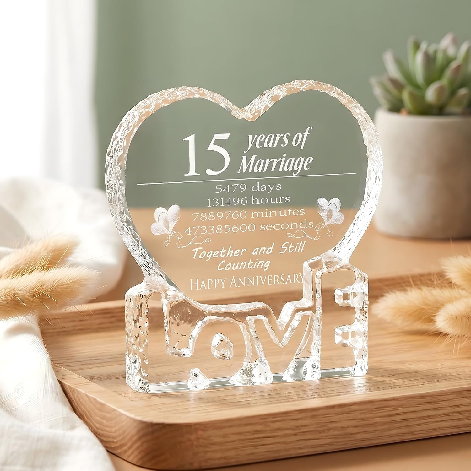 15 Years of Marriage Engraved Crystal Heart Keepsake: image 5
