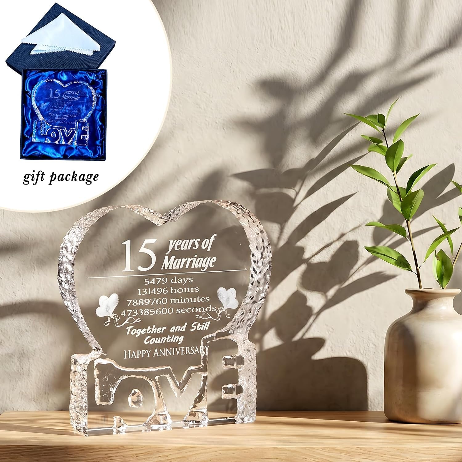 15 Years of Marriage Engraved Crystal Heart Keepsake: image 7