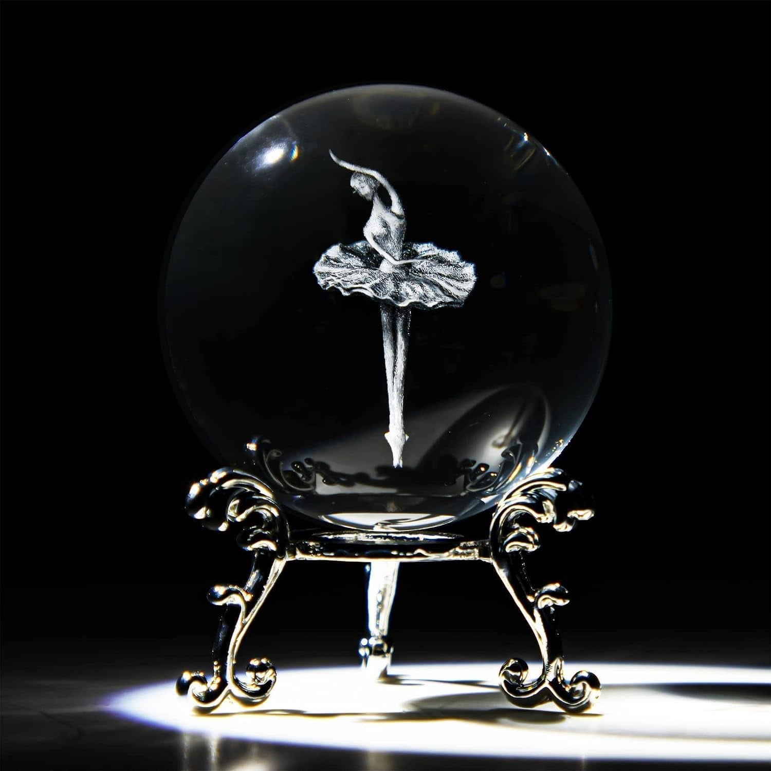 Ballerina Engraved Crystal Ball with Silver-Plated Stand