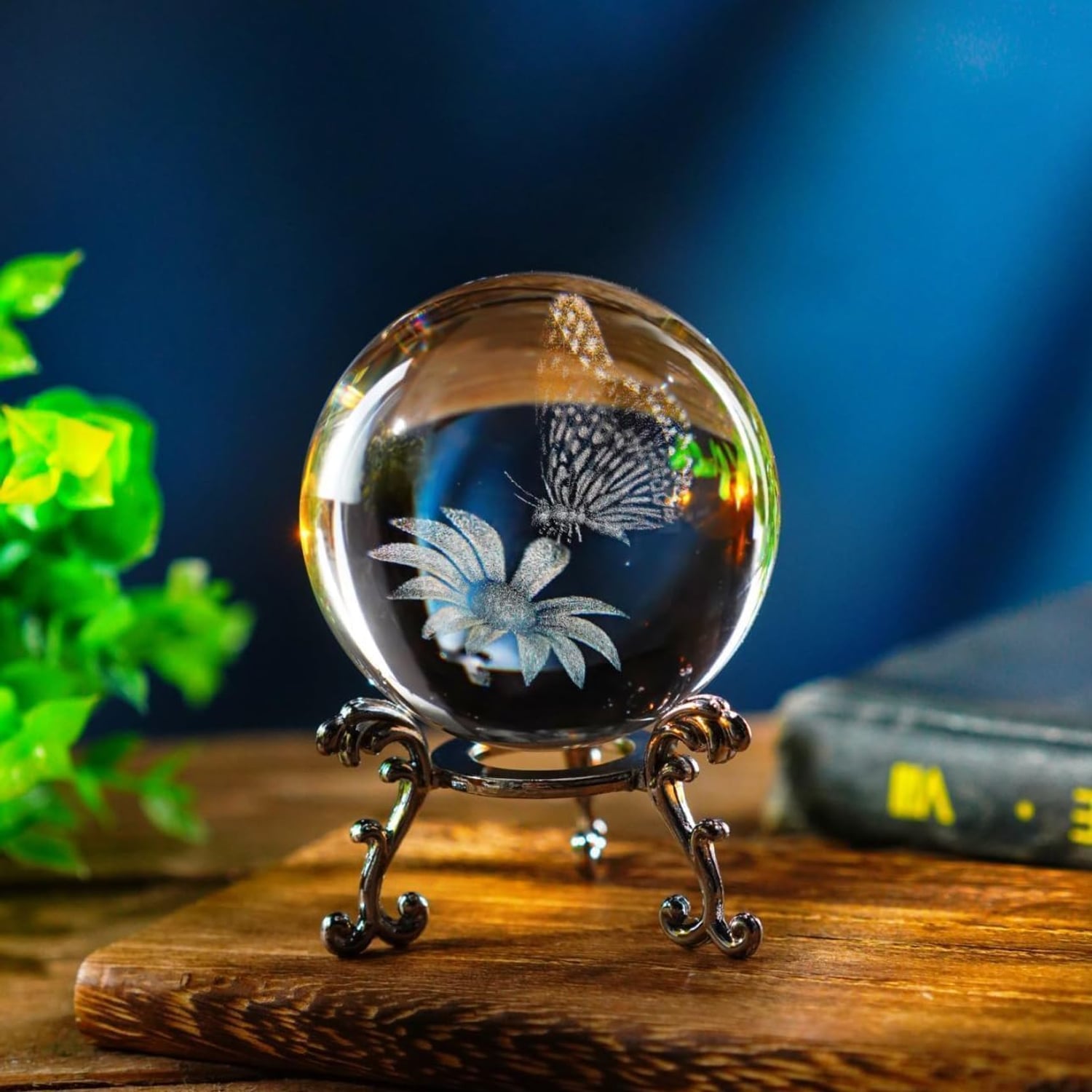 Butterfly Engraved Crystal Ball with Stand: image 2