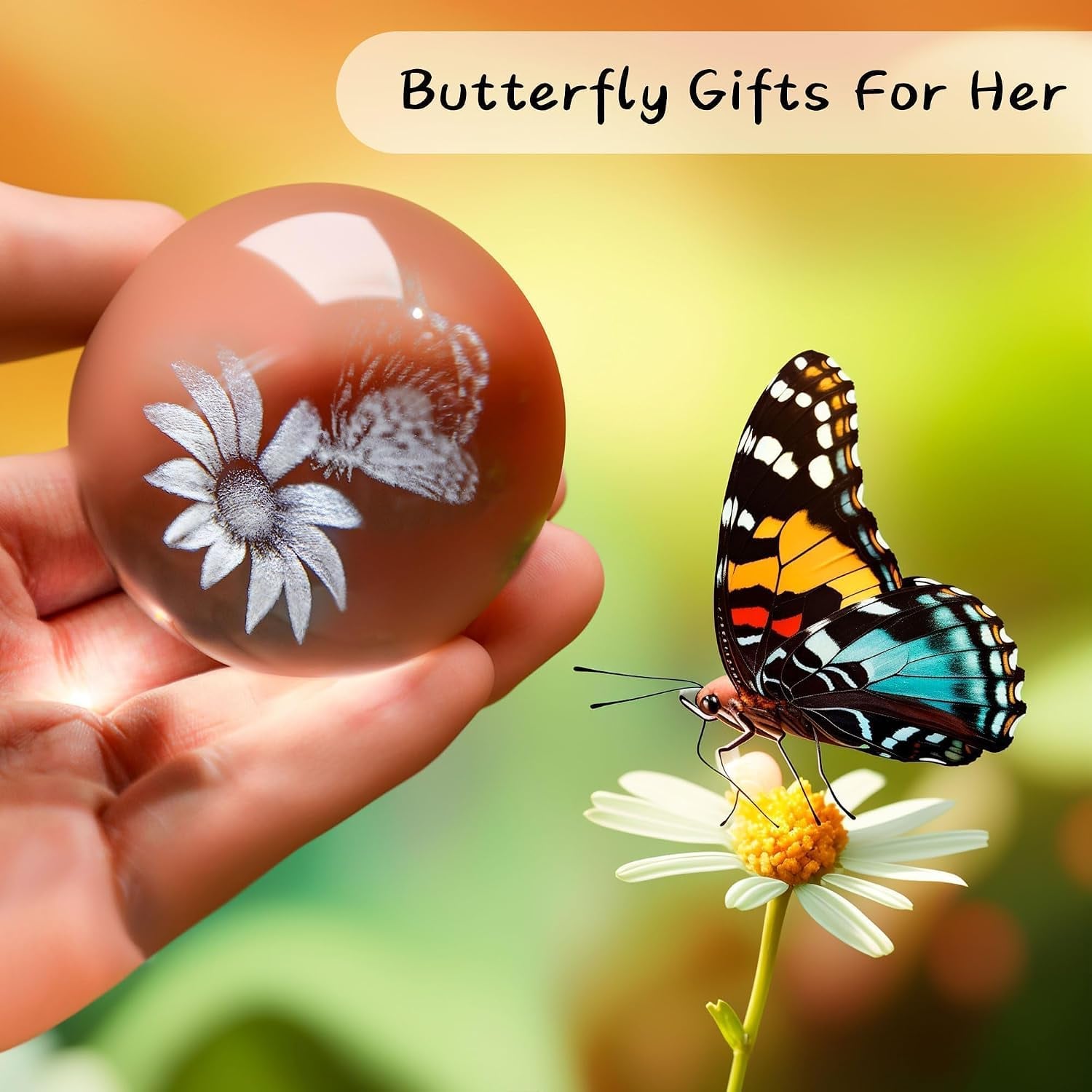 Butterfly Engraved Crystal Ball with Stand: image 3