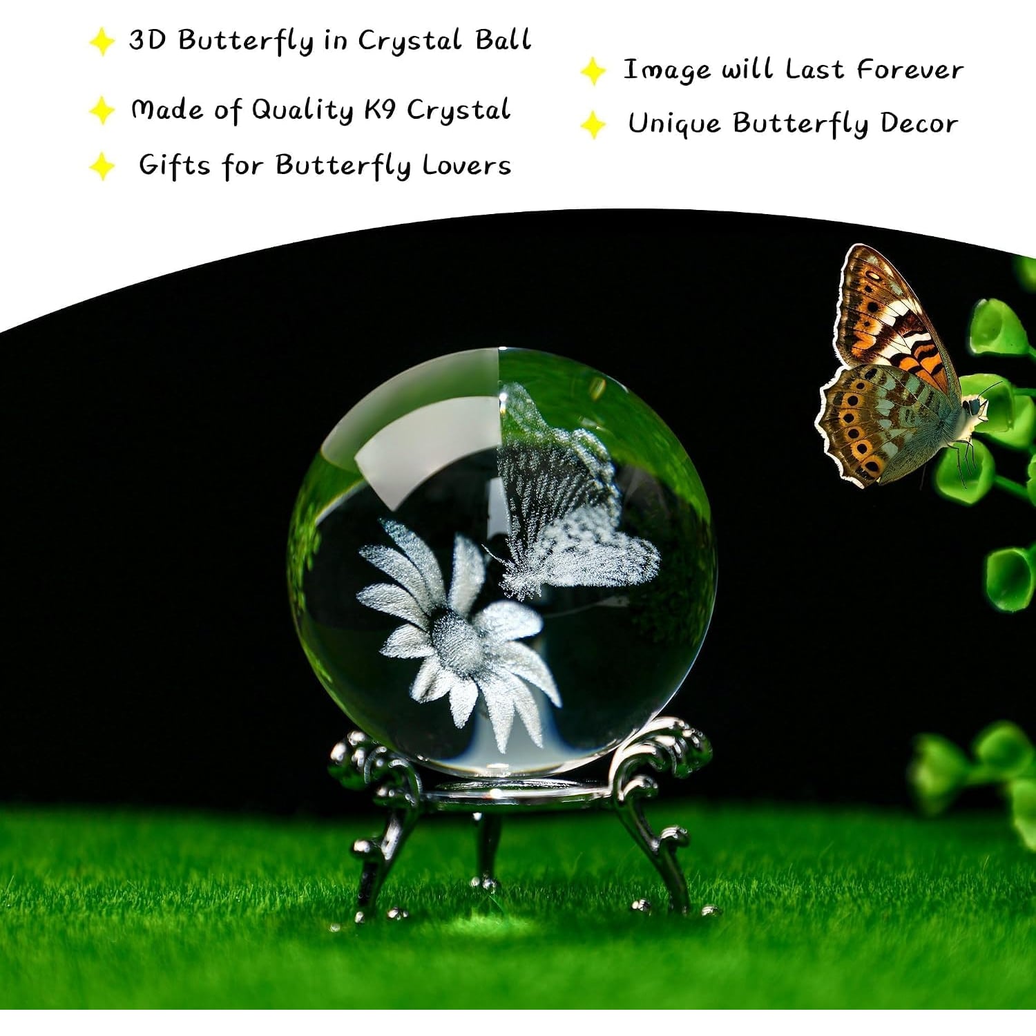 Butterfly Engraved Crystal Ball with Stand: image 5