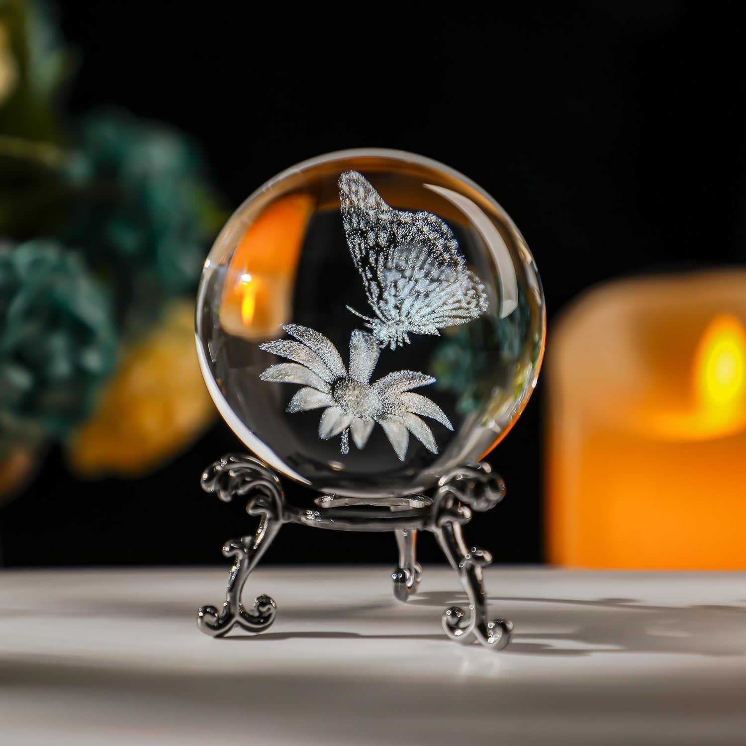 Butterfly Engraved Crystal Ball with Stand: image 6