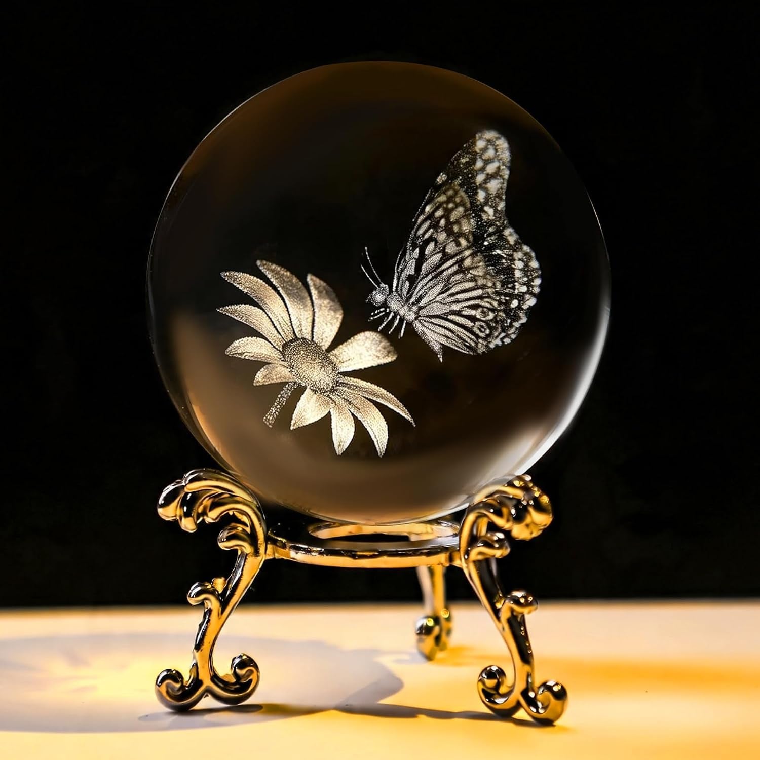 Butterfly Engraved Crystal Ball with Stand