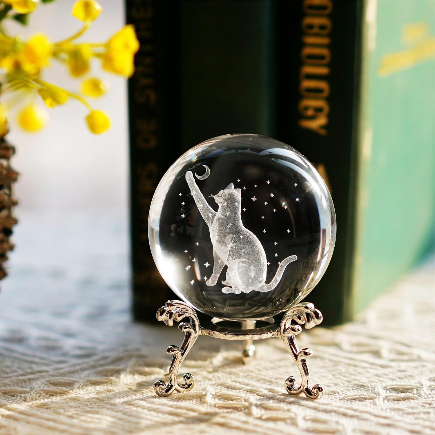 Cat Engraved Crystal Ball with Metal Stand
