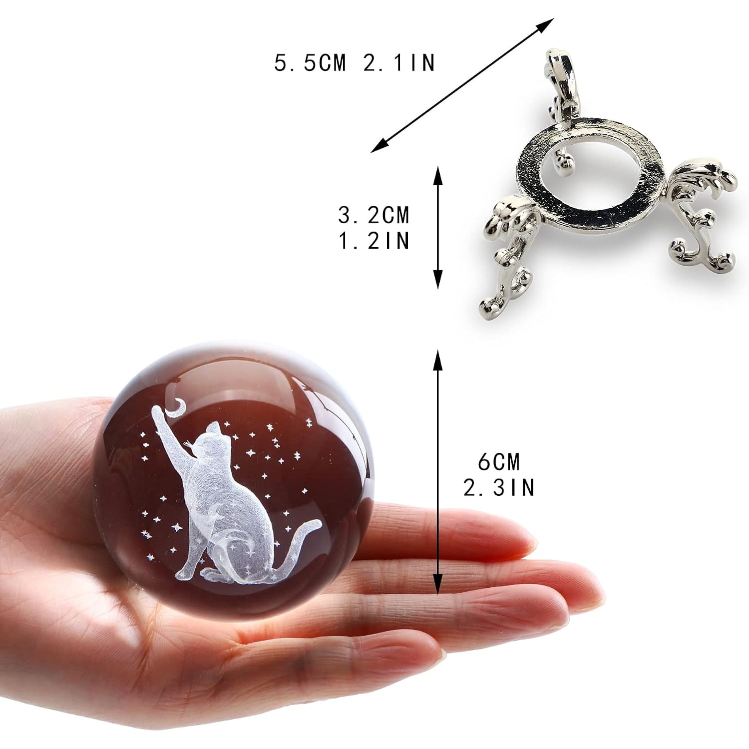 Cat Engraved Crystal Ball with Metal Stand