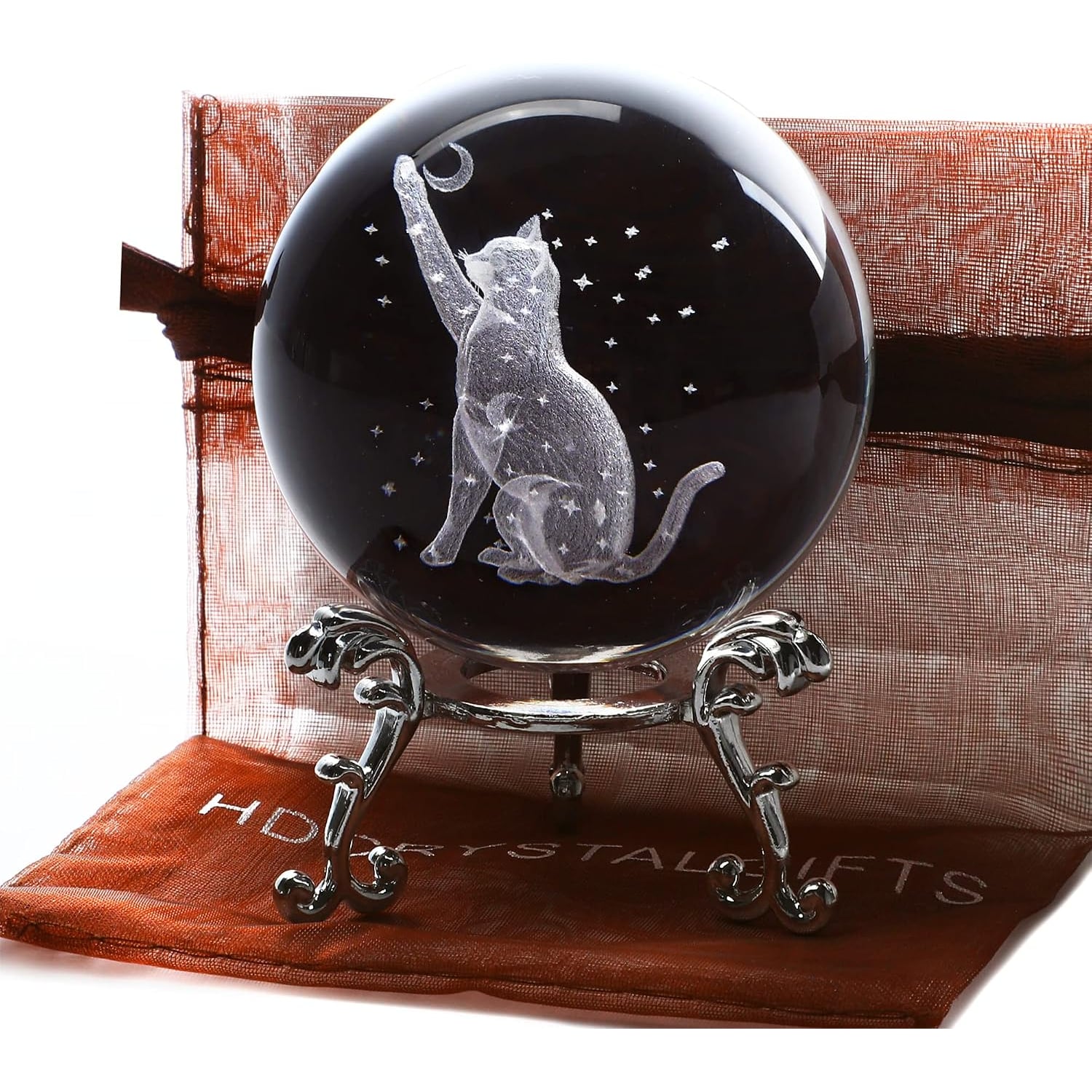 Cat Engraved Crystal Ball with Metal Stand