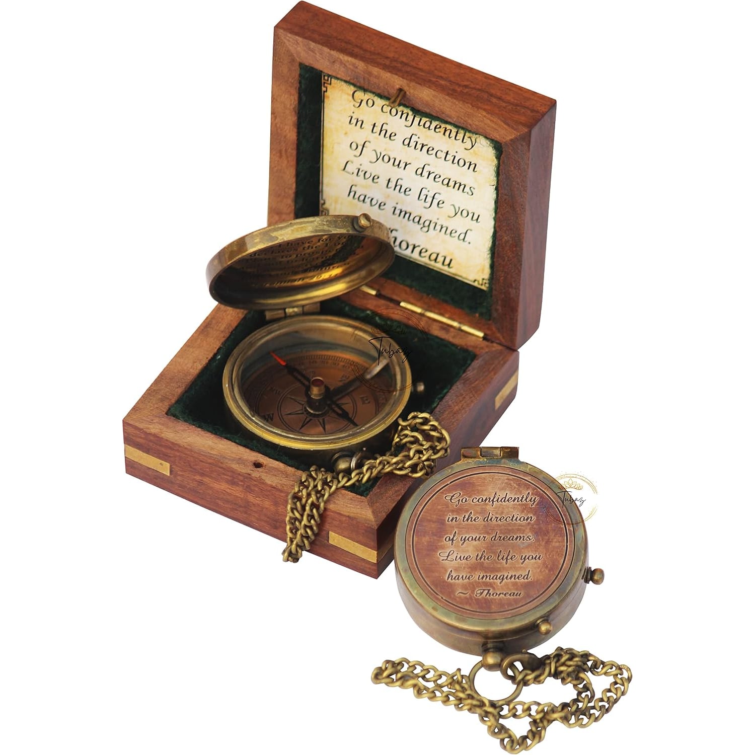 Go Confidently Engraved Brass Compass with Wooden Keepsake Box