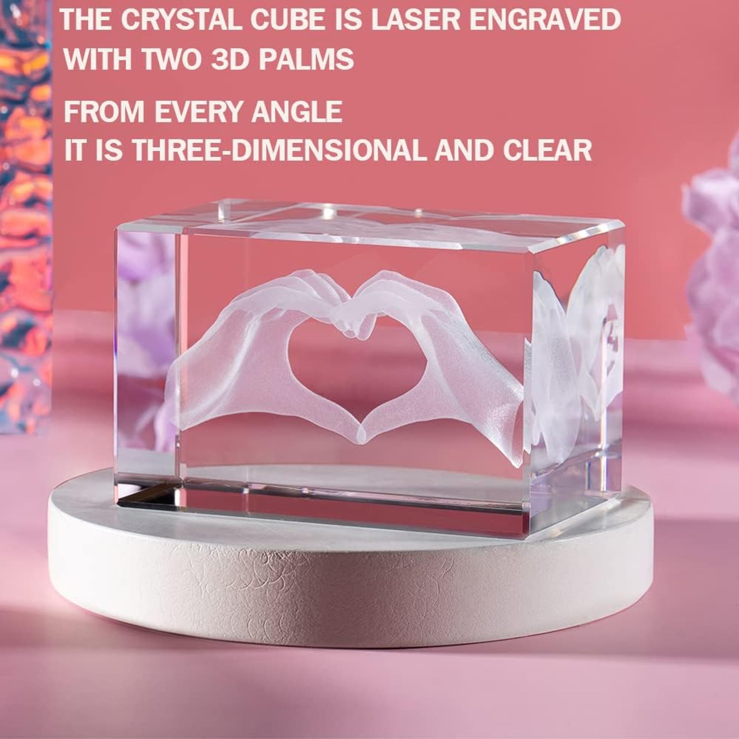 Heart Hands Engraved Crystal Cube: image 3