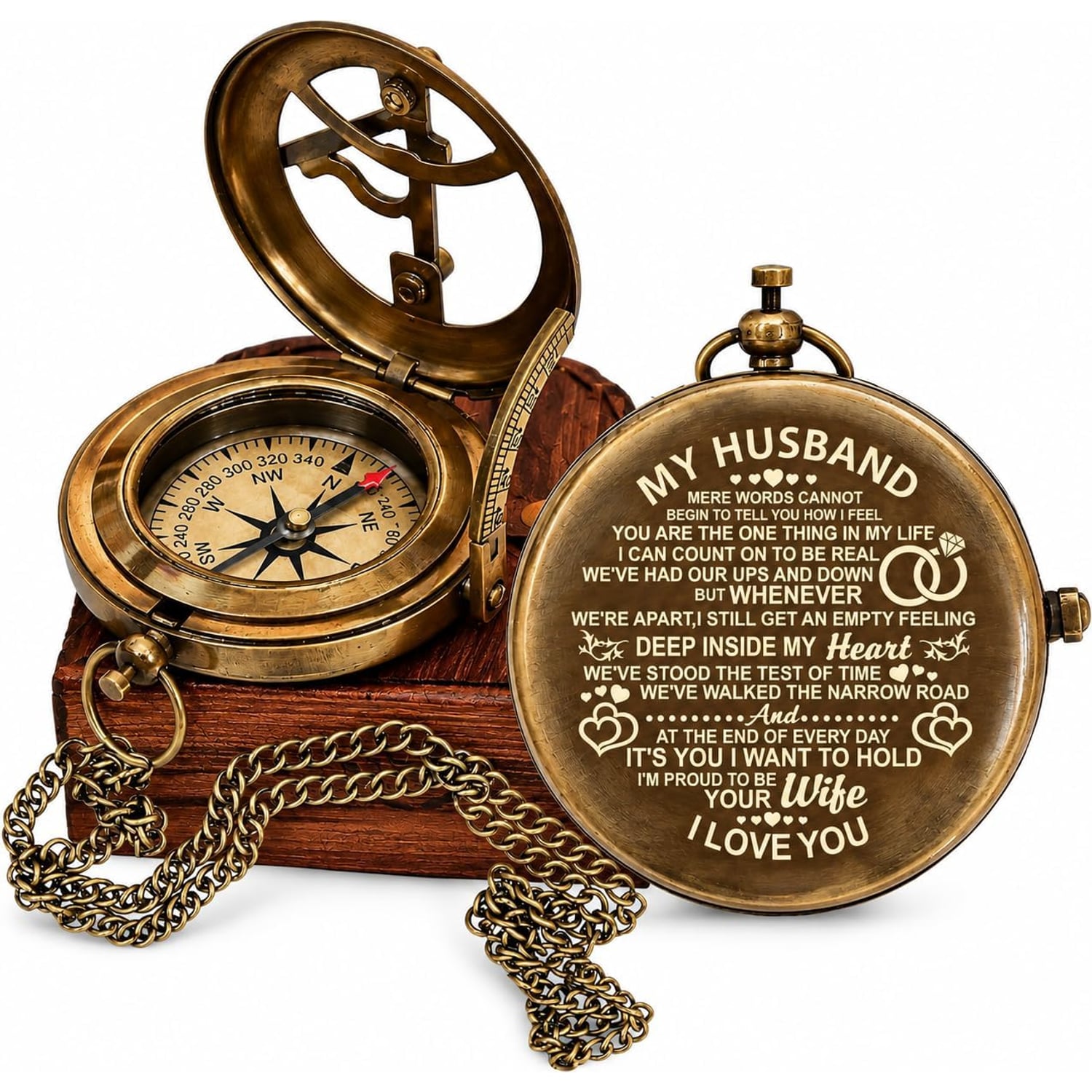 My Husband Engraved Sundial Compass with Leather Case