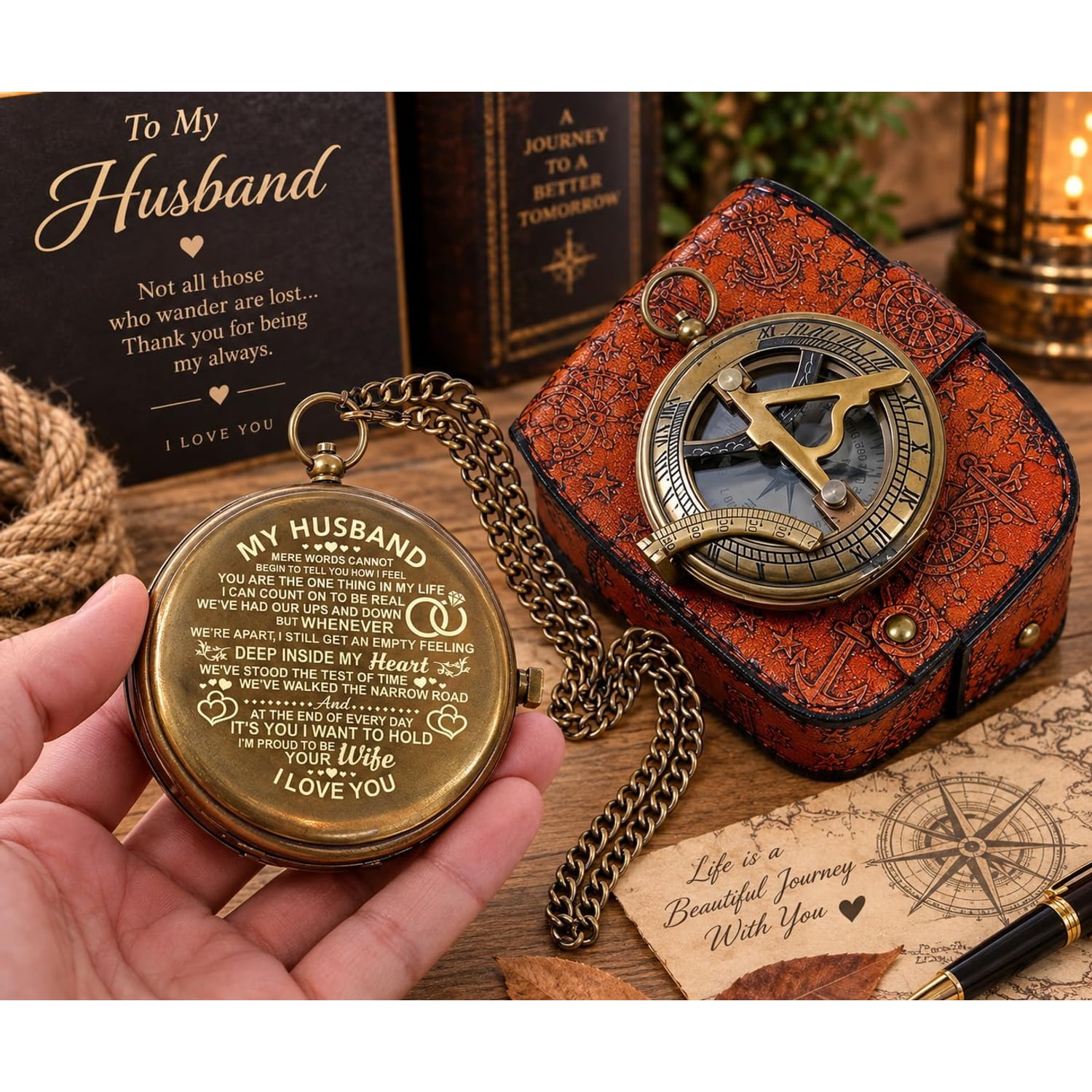 My Husband Engraved Sundial Compass with Leather Case: image 3
