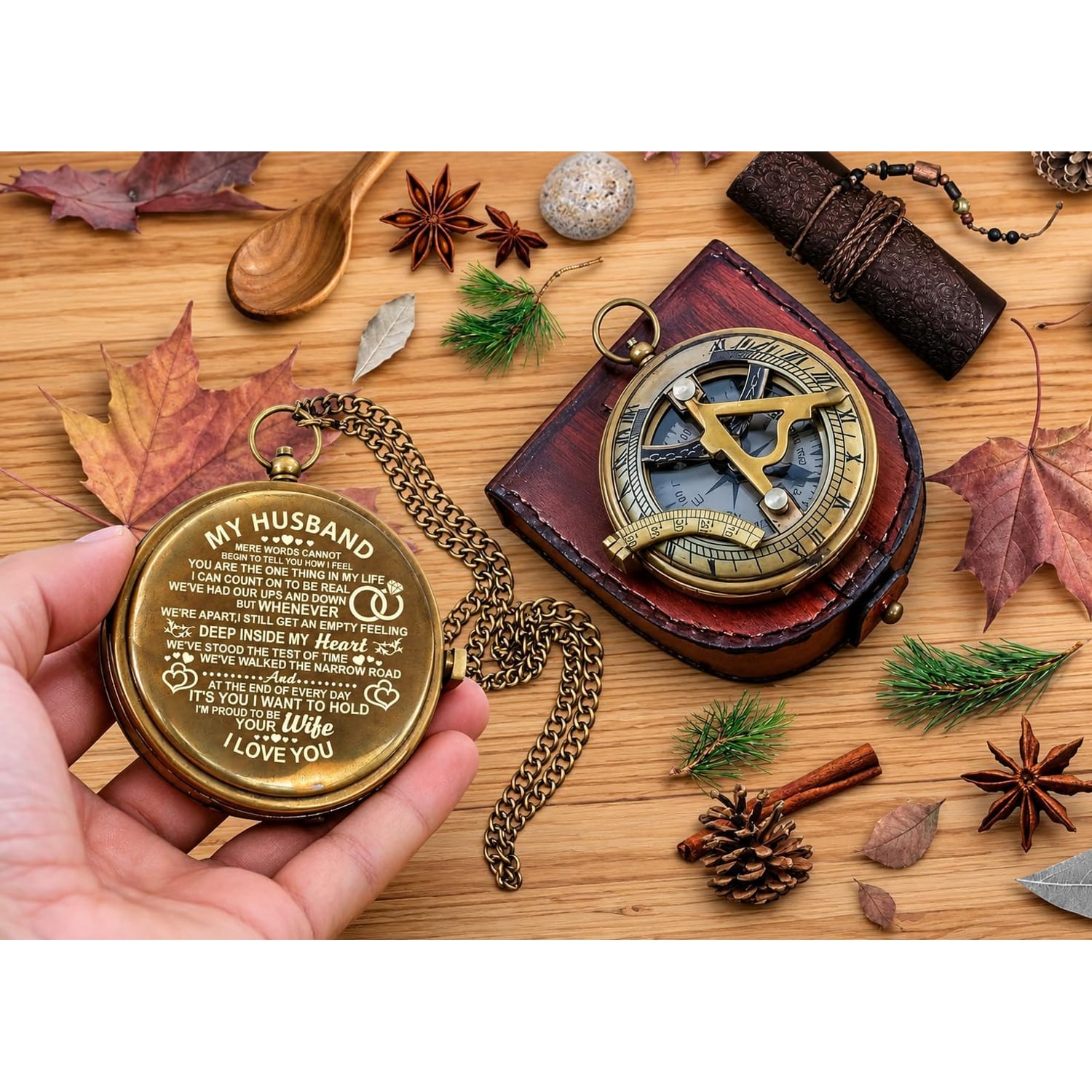 My Husband Engraved Sundial Compass with Leather Case: image 4