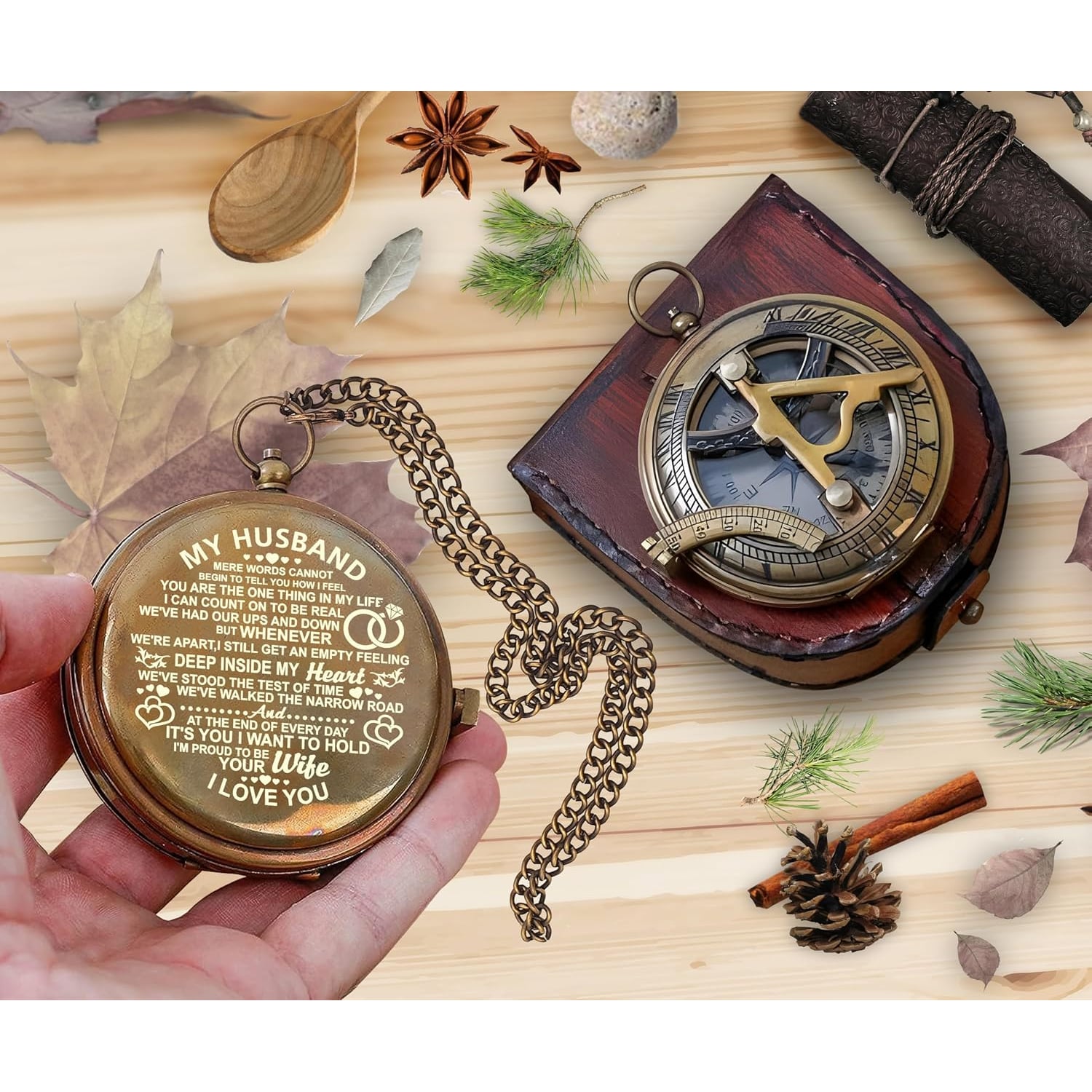 My Husband Engraved Sundial Compass with Leather Case: image 6