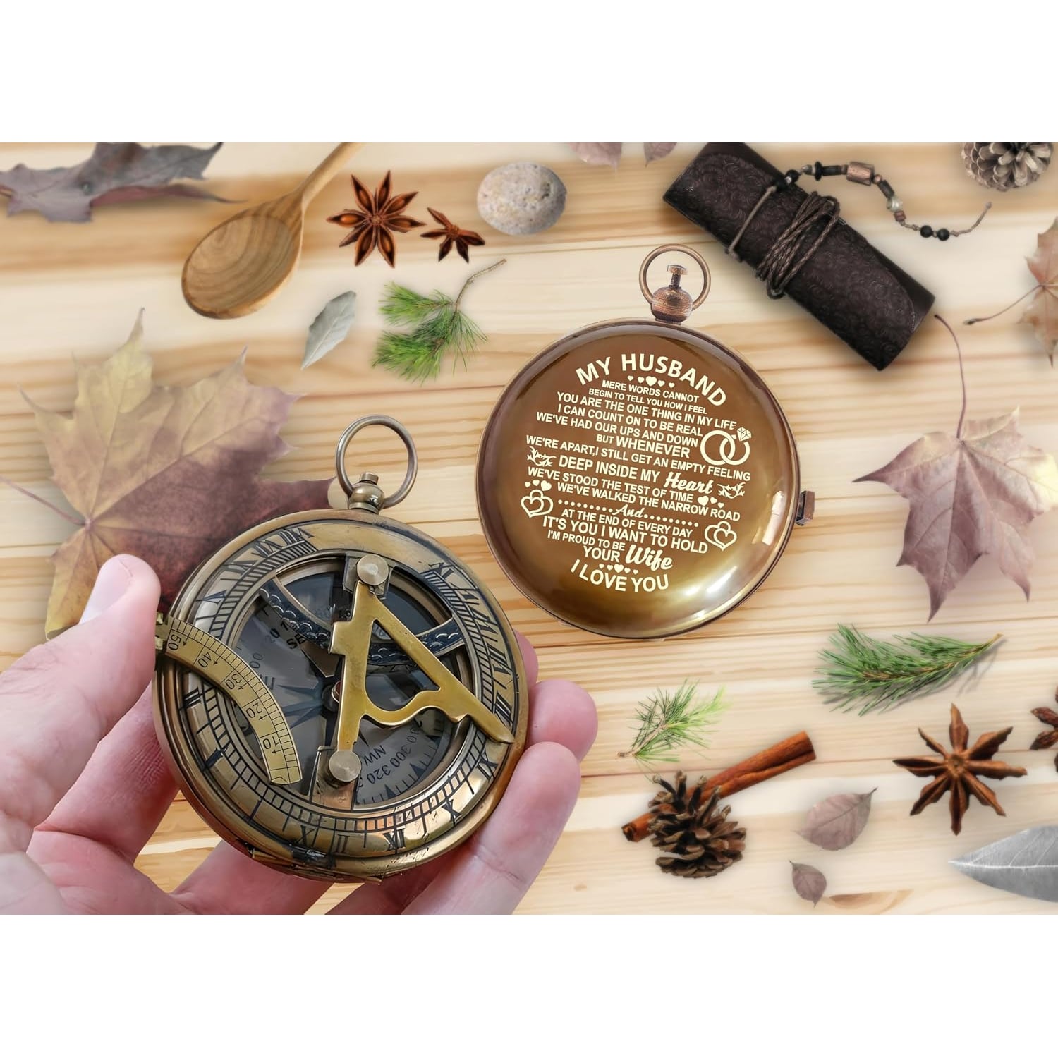 My Husband Engraved Sundial Compass with Leather Case: image 8