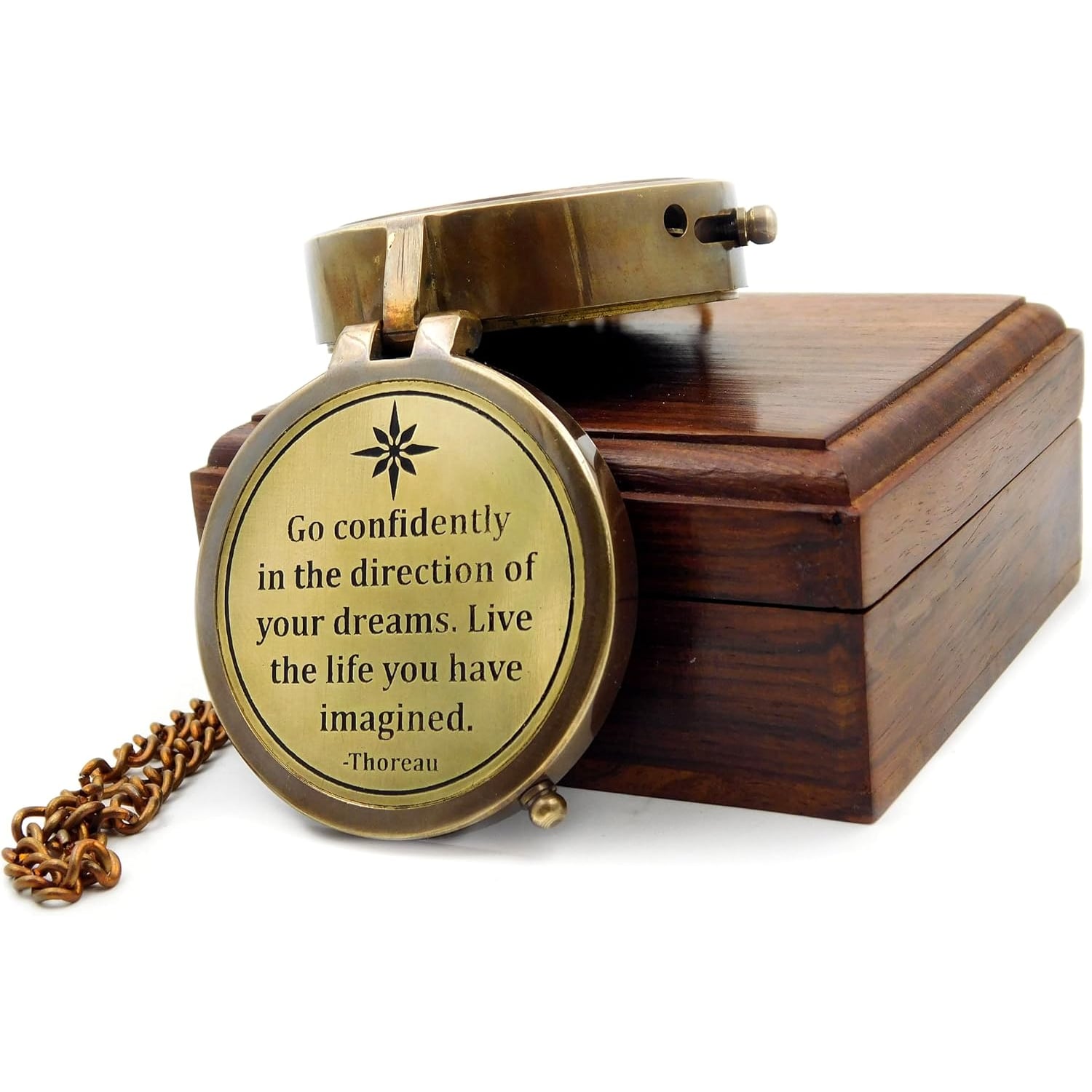 Thoreau Quote Engraved Brass Compass with Wooden Gift Box: image 2