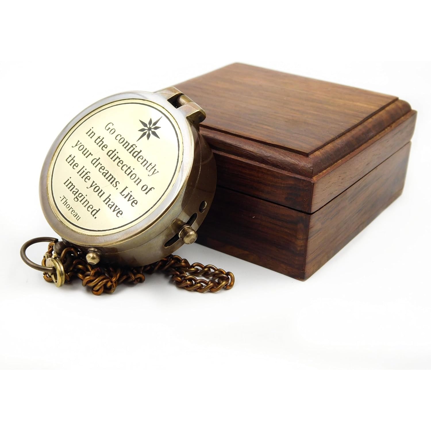 Thoreau Quote Engraved Brass Compass with Wooden Gift Box: image 3