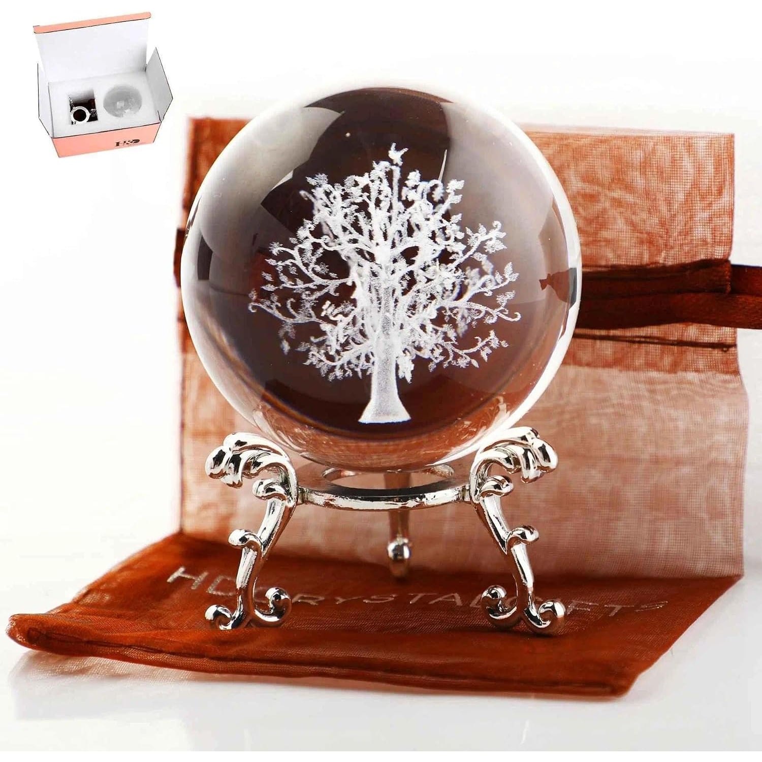 Tree of Life Engraved Crystal Ball with Stand